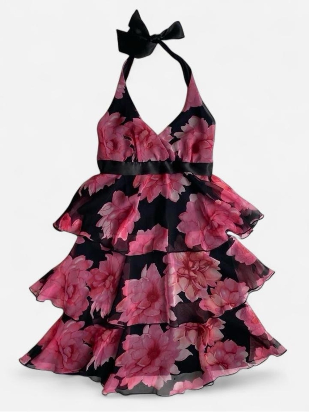 Y2K black & pink tiered floral halter dress